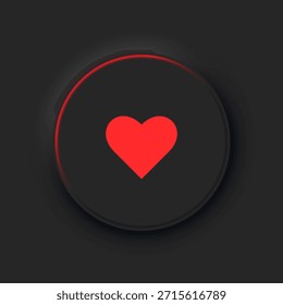 A round black button with a red heart symbol. A heart-shaped vector icon in a fashionable neomorphic style. Vector EPS 10.
