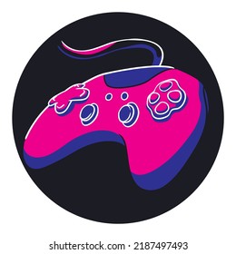 Round and black button with video game controller in fuchsia and blue colors.