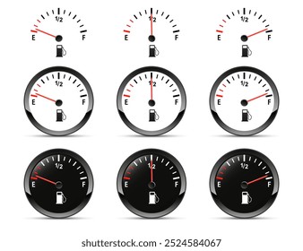 Rodada carro preto painel 3d dispositivo. Conjunto de medidor de combustível. meio baixo e um tanque cheio. Indicador de combustível, medidor de gás, sensor. Velocímetro do carro. Indicador de combustível isolado no fundo branco. Ilustração vetorial