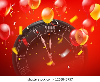 Round black classic wall clock with 2019 digits on clock face. New year is coming vector concept