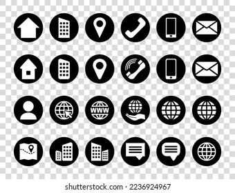 Round Black Contact Info Icon Set for Location Pin, Phone, Web and Cellphone, Person and Email Icons.