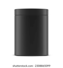 Round black container mockup. Vector illustration isolated on white background. Can be use for your design, advertising, promo and etc. Front view. EPS10.