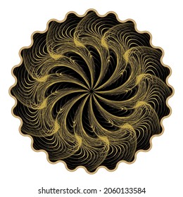 Round black decorative element filled with a wavy gold fringe pattern. Suitable for printing on cups, vases, textile products such as T-shirts. Golden lace patterns on black background.