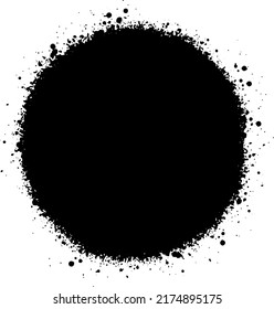 Round black design element, blob, shape with ruffed, distressed, splattered edges. Use for mark making, pattern, overlay, montage, brushes. Transparent background.