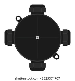 Round black electrical junction box with cable glands or cord grips. Vector illustration in flat style