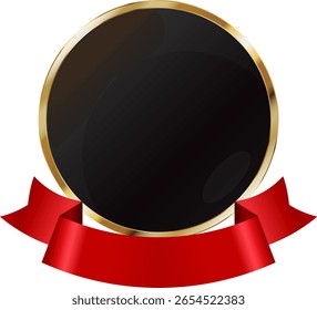 Elemento negro redondo con marco dorado y cinta roja. Diseño del escudo de armas de la medalla del premio