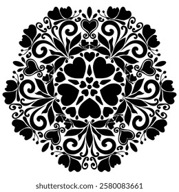 Round Black Floral Pattern with Hearts and Butterflies in Art Nouveau Style