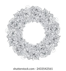 Round black frame bunches of grapes. Vector illustration isolated on white background.
