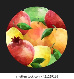 Round black frame with fruit polygonal background. Modern vector editable template. Fruits with leafs creative dark illustration