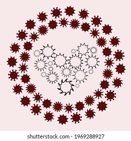 Round black frame made of suns with heart shaped ornament  inside it, on a light pink backdrop. Can be used for t-shirt prints, cards, posters, banners.  Vector, eps 10.