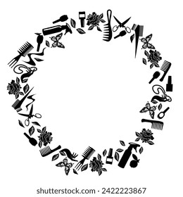 Round black frame of silhouettes of tools for a hairdresser. Vector illustration of elements for design.