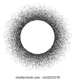 Round black glitter frame isolated on white. Simple creative festive design for holiday or invitations. Circle border template. Uneven dots, blobs, spray. Vector illustration
