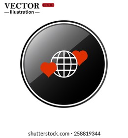 Round black glossy buttons isolated on white background.  Icon planet and two red hearts. Symbol of love between the nation. Globe.  vector illustration, EPS 10 