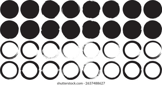 Round Black Grunge Shapes. Frames for Design, Brush Stroke Elements. Vector Isolated on White Background