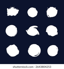 Round Black Grunge Shapes. Frames for Design, Brush Stroke Elements. Vector Isolated on White Background