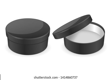 Round black hat box. Open and closed empty carton.  Vector illustration isolated on white background