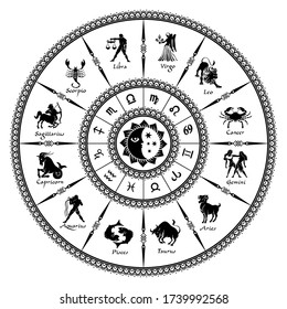 Round black horoscope on a white background.Circle with signs of zodiac.Vector illustration