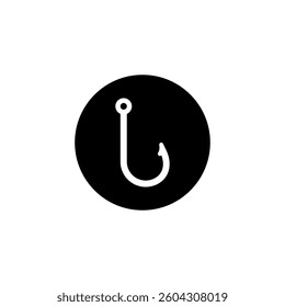 A round black icon featuring a white hook symbol in the middle, showcasing a minimalistic style.