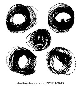 Round black ink textured strokes isolated on a white background