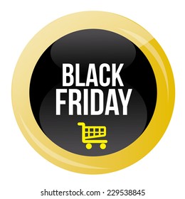 a round black label with yellow borders, text and a shopping cart