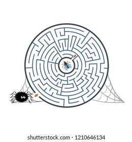 Round black labyrinth with spider, fly and web on white background. Children s maze. Game for kids. Children s puzzle for halloween. Help the spider find the way to the fly