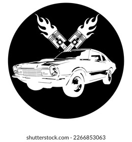 Round black logo in the rockabilly style. Car, muscle vehicle American style.