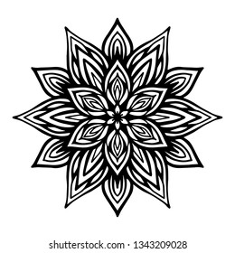 Round black mandala on white isolated background. Vector boho Mandala with floral patterns. Anti-stress therapy