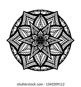 Round black mandala on white isolated background. Vector boho Mandala with floral patterns. Anti-stress therapy