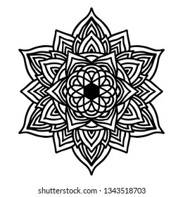 Round black mandala on white isolated background. Vector boho Mandala with floral patterns. Anti-stress therapy, decorative round ornament. Hand drawn background