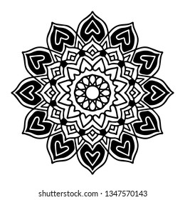 Round black mandala on white isolated background. Vector boho Mandala with floral patterns. Anti-stress therapy, decorative round ornament. Hand drawn background