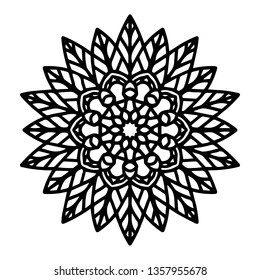 Round black mandala on white isolated background. Vector boho Mandala with leaves patterns. Anti-stress therapy, decorative round ornament. Hand drawn background