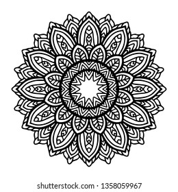 Round black mandala on white isolated background. Vector boho Mandala with floral patterns. Anti-stress therapy, decorative round ornament. Hand drawn background