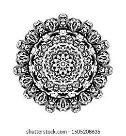 Round black mandala on white isolated background. Decorative ornament in ethnic oriental style. Perfect for any design, birthday, holiday, kaleidoscope, yoga, meditation, mehndi, tattoo, decoration.