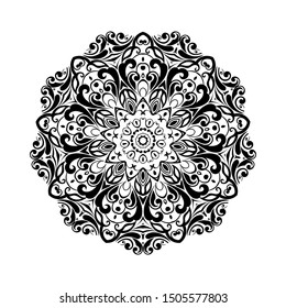 Round black mandala on white isolated background. Decorative ornament in ethnic oriental style. Perfect for any design, birthday, holiday, kaleidoscope, yoga, meditation, mehndi, tattoo, decoration.