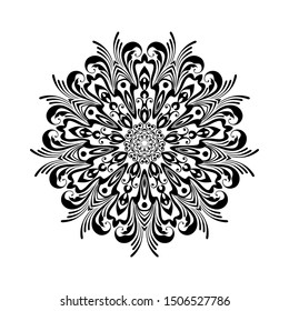 Round black mandala on white isolated background. Decorative ornament in ethnic oriental style. Perfect for any design, birthday, holiday, kaleidoscope, yoga, meditation, mehndi, tattoo, decoration.