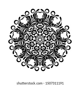 Round black mandala on white isolated background. Decorative ornament in ethnic oriental style. Perfect for any design, birthday, holiday, kaleidoscope, yoga, meditation, mehndi, tattoo, decoration.