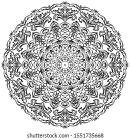 Round black mandala on a white background. Oriental vector pattern. Template for drawing on fabric, paper, tattoo, henna drawing, coloring book, magazine. Ornament for psychological relief. Antistress