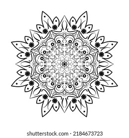 Round black mandala on whte isolated bakground. Mandala with floral elements. Yoga and meditation template. Mandala for coloring