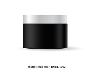 Round black  matte plastic jar with  metal lid for cosmetics - body cream, 
butter, scrub, gel, skin care, powder. Realistic packaging mockup template. 
Side view. Vector illustration