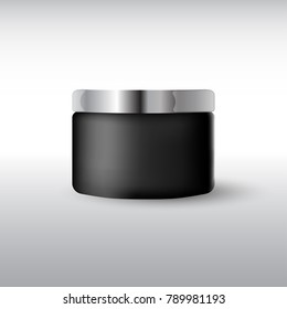 Round black  matte plastic jar with  metal lid for cosmetics - body cream, butter, scrub, bath salt, gel, skin care, powder. Realistic packaging mockup template. Side view. Vector illustration
