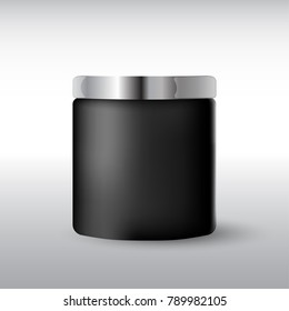 Round black  matte plastic jar with  metal lid for cosmetics - body cream, butter, scrub, bath salt, gel, skin care, powder. Realistic packaging mockup template. Side view. Vector illustration