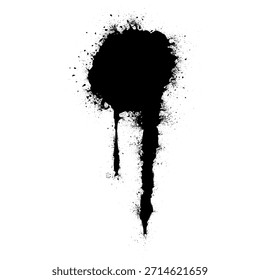 Ponto de pintura preto redondo com salpicos criados por uma lata de spray em uma superfície branca mostrando marcas de tinta.