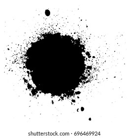 Round black painted label isolated on white background. Grunge frame, banner, badge, poster design element. Distress texture effect. Brush strokes with splash, splatters. Vector text box.