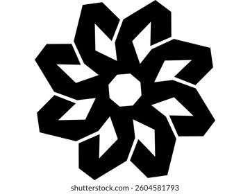 Round black pattern on white background, modern car disc design, snowflake, star. Symmetrical geometric shapes, dynamics, technical style, minimalism. Vector design element. Japanese pattern