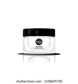 Round Black Plastic Jar Cosmetics, Body Cream, Butter, Scrub, Bath Salt, Gel, Skin Care, Powder. Realistic Packaging Mockup Template. Side View. Vector Illustration