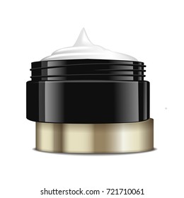 Round Black Plastic Jar With Gold Cap For Cosmetics. Open Container. Vector Mockup Template For Your Design