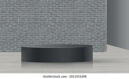 Round black podium stage with nice and creative symbols and grey paper cut style on color background for cosmetics brand design and advertising