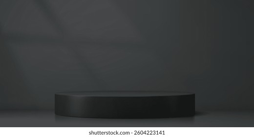 Round black podium stage with pedestal platform for product display showcase, vector background. Premium luxury black podium stage of round platform with window shadows on wall for showroom mockup