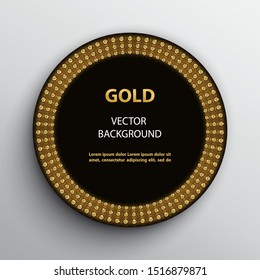 Round black poster with golden neon light frame on white background.