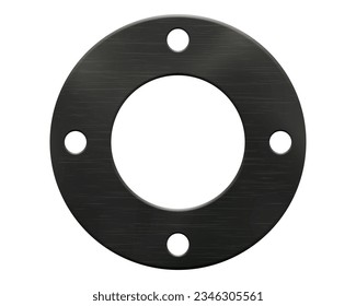 Round black rubber gasket with a four small and one large circular holes and texture. Insulation of pipelines and cars in flanged connections